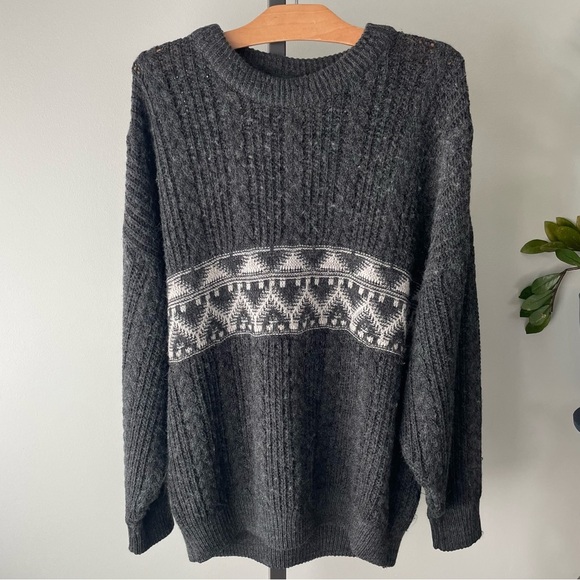 Vintage Wool Mohair Blend Marks & Spencer Grandpa Sweater Grey White Mens Large - Picture 8 of 8